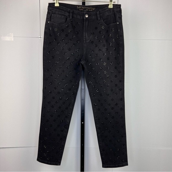Soft Surroundings Rhinestone Front Jeans Womens 10P Black High Rise Skinny Pants - Picture 2 of 11